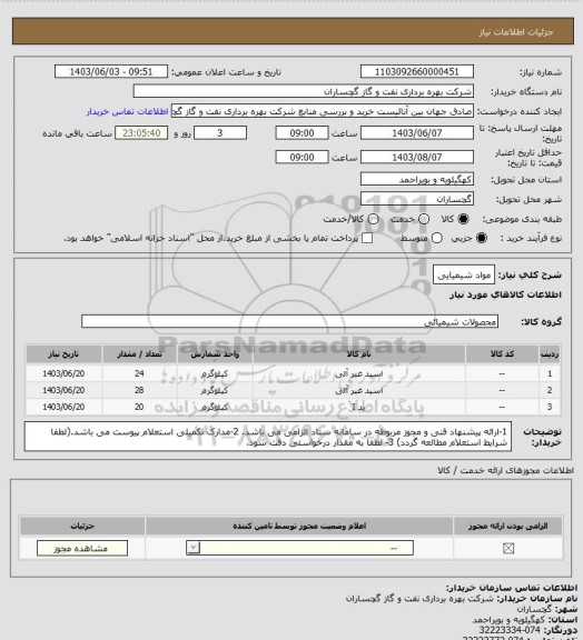 استعلام مواد شیمیایی