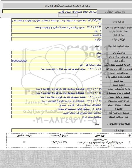 مزایده, فروش ۱۱ دستگاه موتور سیکلت فرسوده