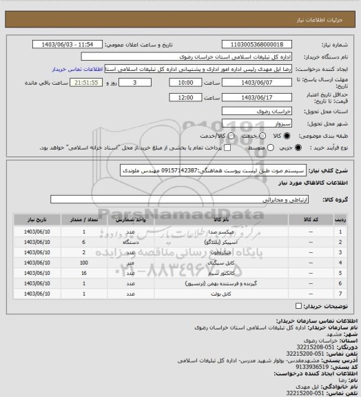 استعلام سیستم صوت طبق لیست پیوست هماهنگی:09157142387 مهندس ملوندی
