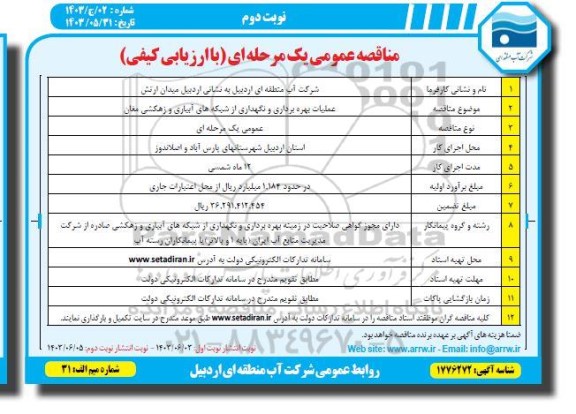 مناقصه عملیات بهره برداری و نگهداری از شبکه های آبیاری و زهکشی - نوبت دوم