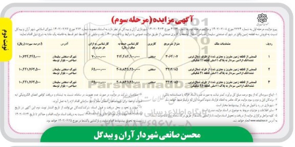 مزایده فروش سه قطعه زمین - مرحله سوم نوبت دوم
