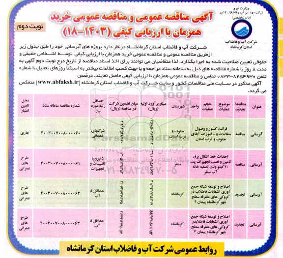 مناقصه قرائت کنتور و وصول مطالبات و ... - نوبت دوم