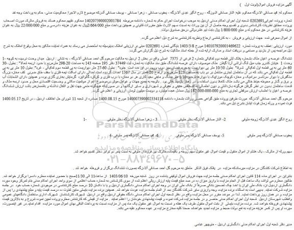 مزایده فروش 1- ششدانگ عرصه و اعیان ملک بشماره پلاک ثبتی قطعه دوم تفکیکی بشماره 2 فرعی از 7375  اصلی