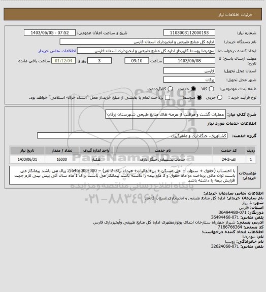 استعلام عملیات گشت و مراقبت از عرصه های منابع طبیعی شهرستان زرقان