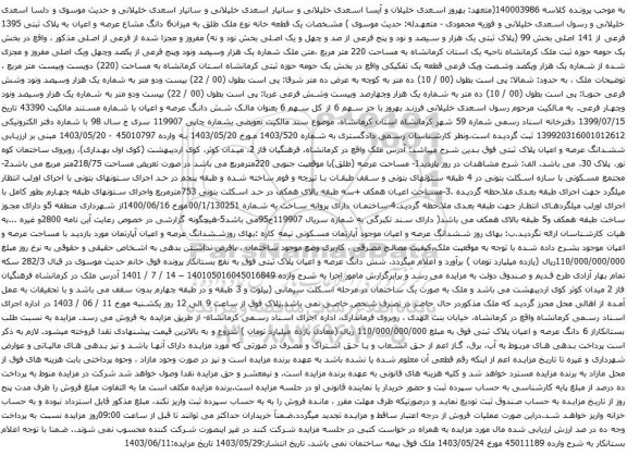 آگهی مزایده یک قطعه خانه نوع ملک طلق به میزان6 دانگ مشاع عرصه و اعیان به پلاک ثبتی 1395 فرعی از 141 اصلی