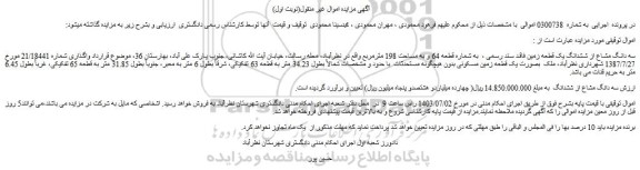 مزایده فروش سه دانگ مشاع از ششدانگ یک قطعه زمین فاقد سند رسمی ، به شماره قطعه 64 و به مساحت 198 مترمربع