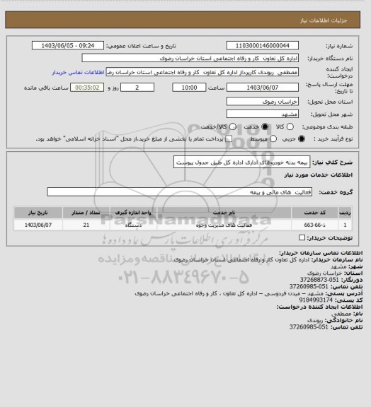 استعلام بیمه بدنه خودروهای اداری اداره کل طبق جدول پیوست