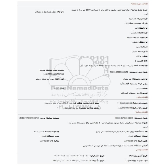 مزایده، قطعه زمین مشهور به اباذر یری به مساحت 5600 متر مربع به صورت آبی
