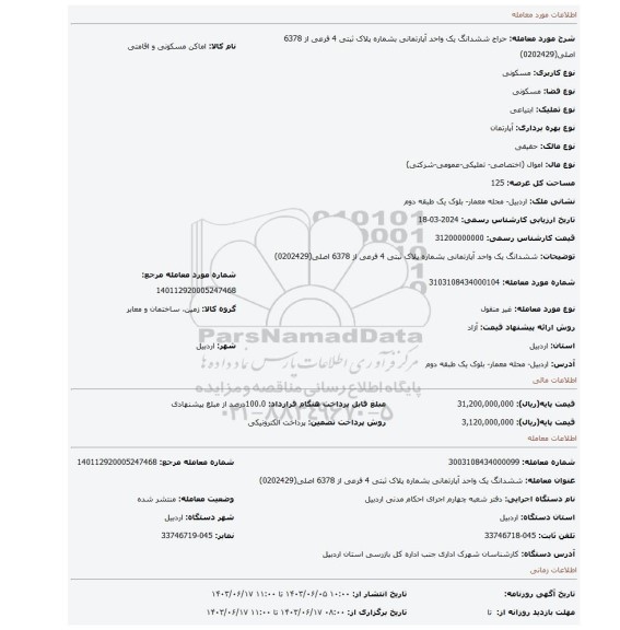 مزایده، ششدانگ یک واحد آپارتمانی بشماره پلاک ثبتی 4 فرعی از 6378 اصلی(0202429)