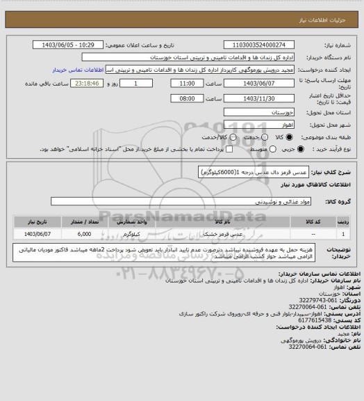 استعلام عدس قرمز دال عدس درجه 1(6000کیلوگرم)