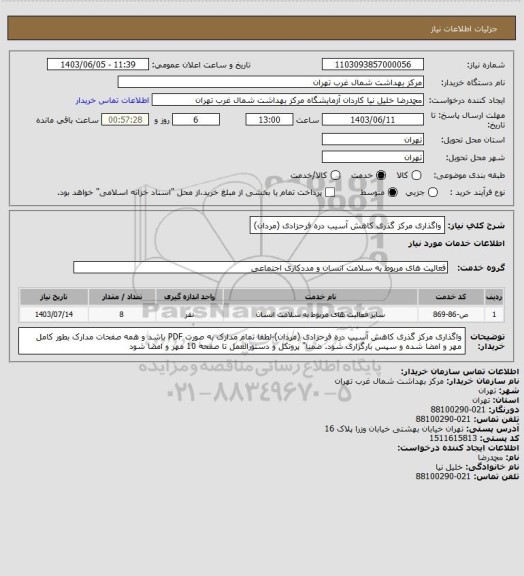 استعلام واگذاری مرکز گذری کاهش آسیب دره فرحزادی (مردان)