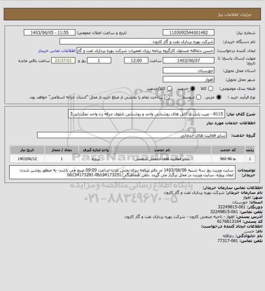 استعلام 6115 - عیب یابی از کابل های روشنایی واحد و روشنایی تابلوی جرقه زن واحد نمکزدایی3