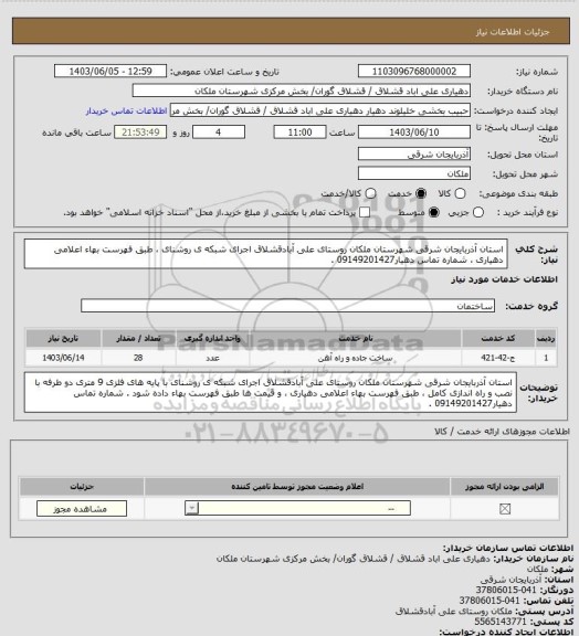 استعلام استان آذربایجان شرقی شهرستان ملکان روستای علی آبادقشلاق اجرای شبکه ی روشنای ، طبق فهرست بهاء اعلامی دهیاری ، شماره تماس دهیار09149201427 .