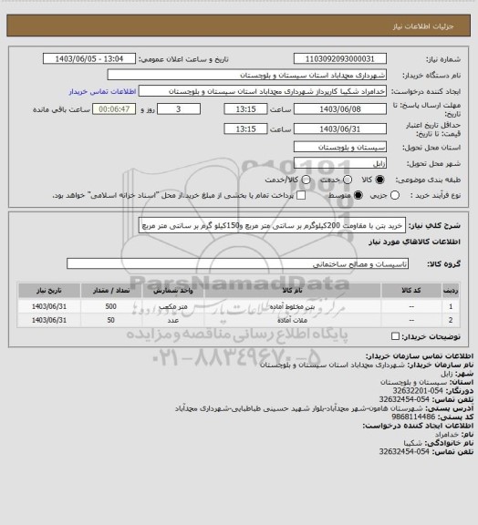 استعلام خرید بتن با مقاومت 200کیلوگرم بر سانتی متر مربع و150کیلو گرم بر سانتی متر مربع