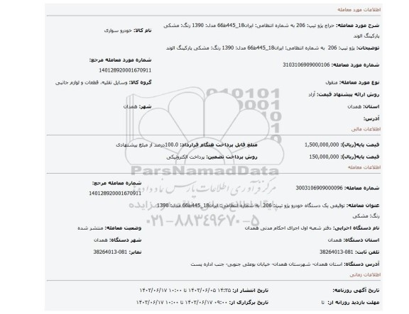 مزایده، پژو تیپ: 206  به شماره انتظامی: ایران18_445ط66 مدل: 1390 رنگ: مشکی پارکینگ الوند