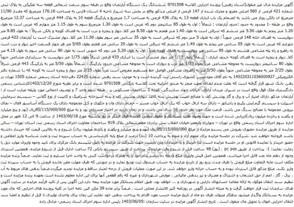 آگهی مزایده ششدانگ یک دستگاه آپارتمان واقع در طبقه سوم سمت شمالی قطعه سه تفکیکی به پلاک ثبتی شماره 421 فرعی از 560 اصلی مفروز و مجزی شده از 147 فرعی از اصلی