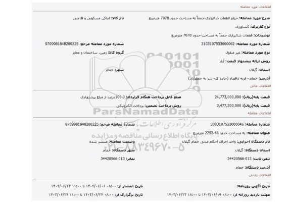 مزایده، قطعات شالیزاری جمعاً به مساحت حدود 7078 مترمربع