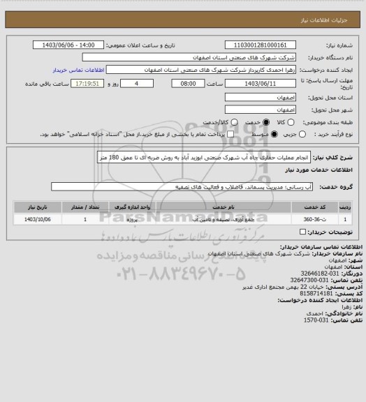 استعلام انجام عملیات حفاری چاه آب شهرک صنعتی ابوزید آباد به روش ضربه ای تا عمق 180 متر