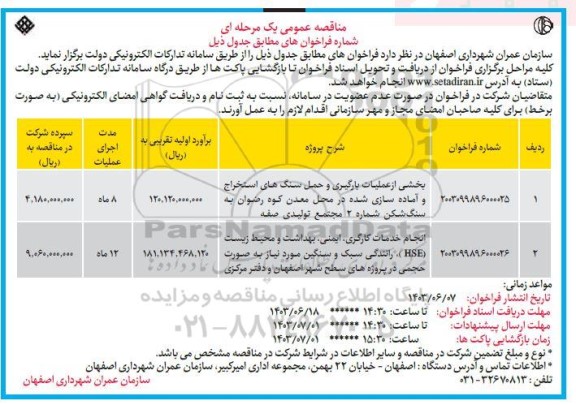 مناقصه بخشی از عملیات بارگیری و حمل سنگ های استخراج و آماده سازی...