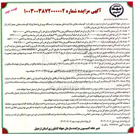 مزایده فروش گوسفند مغانی مازاد و حذفی ...- نوبت دوم