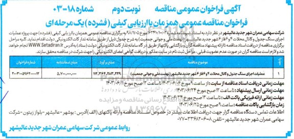 مناقصه عملیات اجرای سنگ جدول و کانال محلات 4 و 6 فاز 6... نوبت دوم
