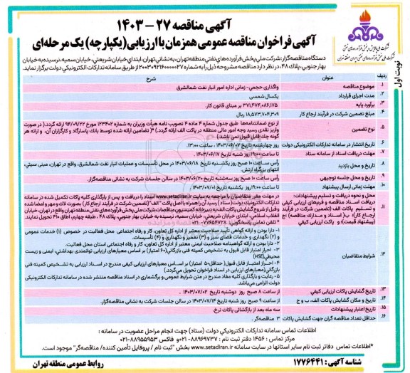 مناقصه واگذاری حجمی - زمانی اداره امور انبار
