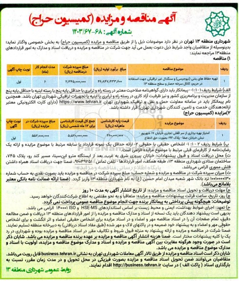 مناقصه و مزایده امتیاز بهره برداری از سر قفلی تجاری