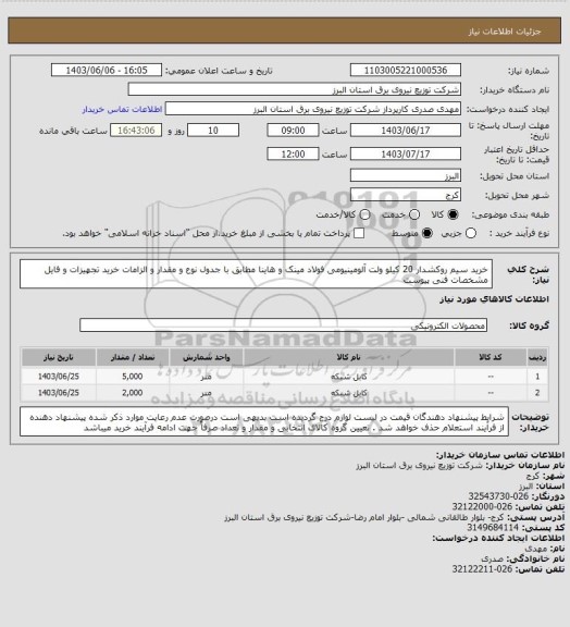 استعلام خرید سیم روکشدار 20 کیلو ولت آلومینیومی فولاد مینک و هاینا مطابق با جدول نوع و مقدار و الزامات خرید تجهیزات و فایل مشخصات فنی پیوست