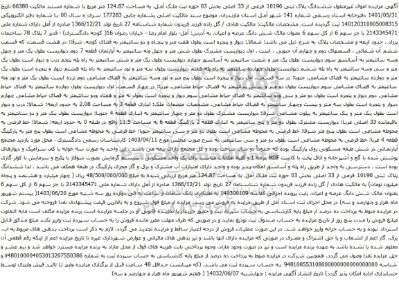 آگهی مزایده ششدانگ پلاک ثبتی 10196 فرعی از 33 اصلی بخش 03 حوزه ثبت ملک آمل، به مساحت 124.87 متر مربع