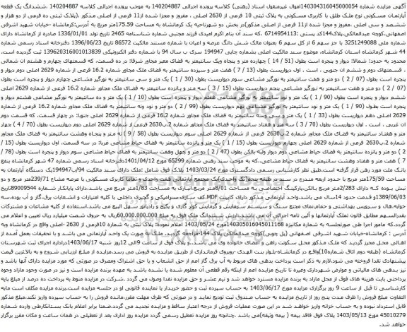 آگهی مزایده ششدانگ یک قطعه آپارتمان مسکونی نوع ملک طلق با کاربری مسکونی به پلاک ثبتی 10 فرعی از 2630 اصلی ، مفروز و مجزا شده از11 فرعی از اصلی