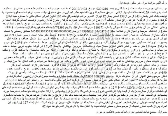 مزایده فروش ملک پلاک ثبتی بشماره 843 فرعی از138 اصلی