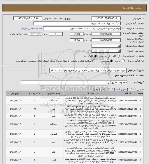 استعلام خرید تجهیزات برقی چاه شهرک پرورش ماهیان زینتی طغرود واقع در استان قم
