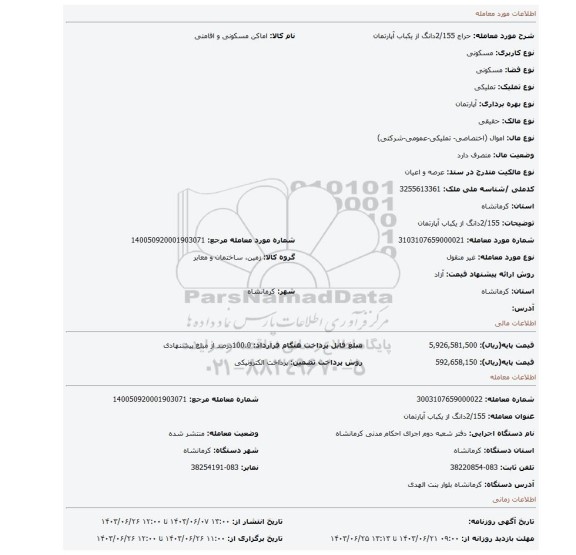 مزایده، 2/155دانگ از یکباب  آپارتمان