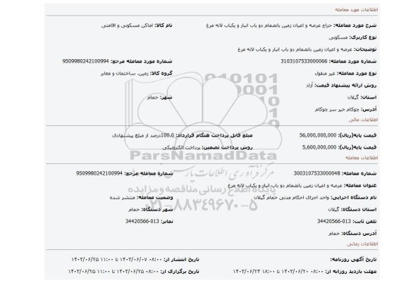 مزایده، عرصه و اعیان زمین بانضمام دو باب انبار و یکباب لانه مرغ