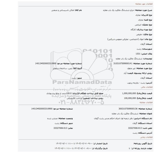 مزایده، ششدانگ مالکیت یک باب مغازه