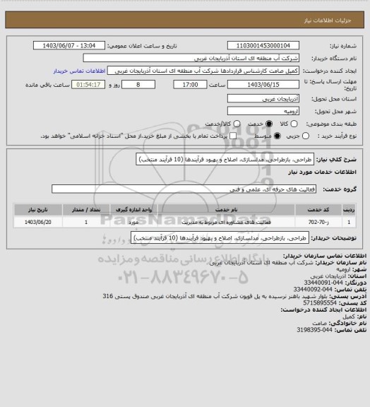 استعلام طراحی، بازطراحی، مدلسازی، اصلاح و بهبود فرآیندها (10 فرآیند منتخب)