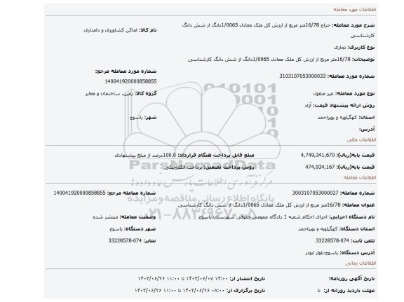 مزایده، 16/78متر مربع از ارزش کل ملک معادل 1/0065دانگ از شش دانگ کارشناسی