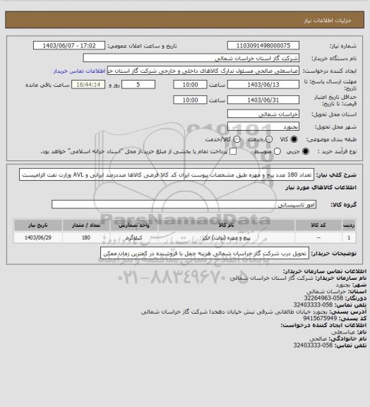 استعلام تعداد 180 عدد پیچ و مهره   طبق مشخصات پیوست ایران کد کالا  فرضی کالاها صددرصد ایرانی و AVL وزارت نفت الزامیست