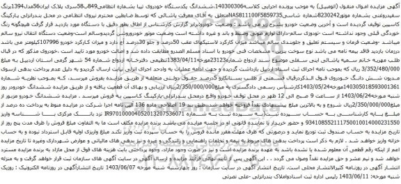 آگهی مزایده ششدانگ یکدستگاه خودروی تیبا بشماره انتظامی849ب58سری پلاک ایران56مدل1394