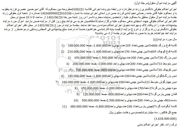 مزایده فروش کاسه قدع بزرگ 606ملامین چینی،تعداد 105عدد و...