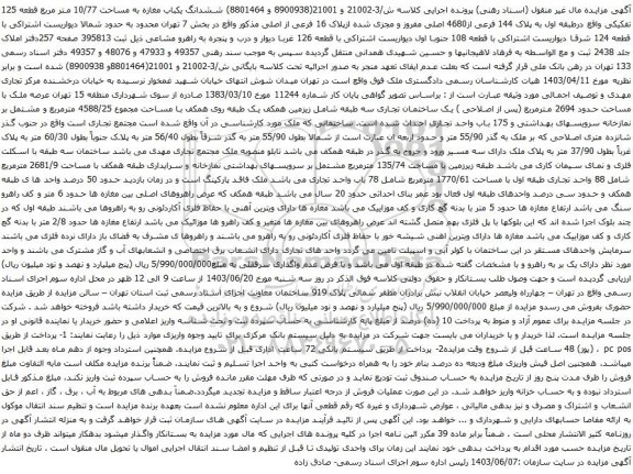 آگهی مزایده ششدانگ یکباب مغازه به مساحت 10/77 متر مربع قطعه 125 تفکیکی