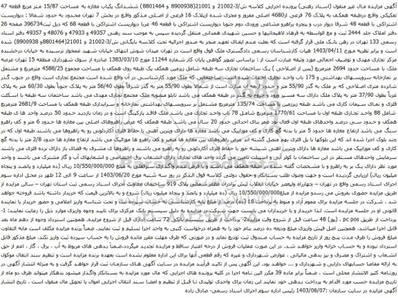 مزایده ششدانگ یکباب مغازه به مساحت 15/87 متر مربع قطعه 47 تفکیکی واقع درطبقه همکف به پلاک 76 فرعی از4680 اصلی مفروز و مجزی شده ازپلاک 16 فرعی