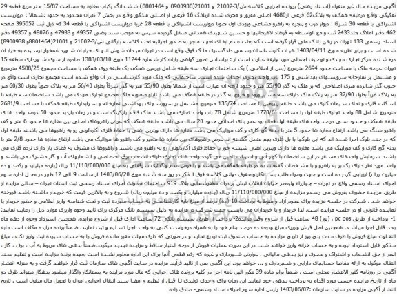 مزایده ششدانگ یکباب مغازه به مساحت 15/87 متر مربع قطعه 29 تفکیکی واقع درطبقه همکف به پلاک62 فرعی از4680 اصلی مفروز و مجزی شده ازپلاک 16 فرعی