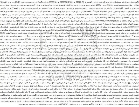 آگهی مزایده ششدانگ یکباب مغازه به مساحت 23/81 متر مربع قطعه 18 تفکیکی