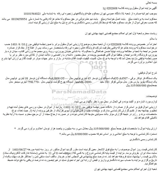 مزایده یک دستگاه آون توستر 38 لیتری تولیپس