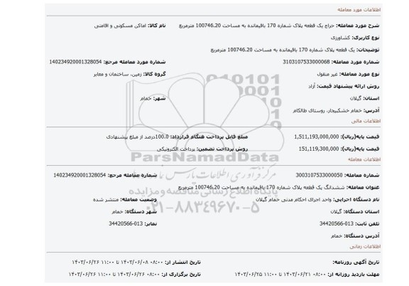 مزایده، یک قطعه پلاک شماره 170 باقیمانده به مساحت 100746.20 مترمربع