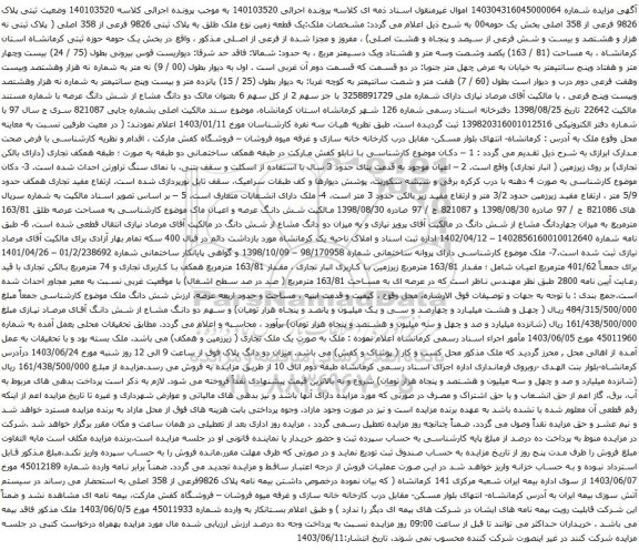 مزایده یک قطعه زمین نوع ملک طلق به پلاک ثبتی 9826 فرعی از 358 اصلی