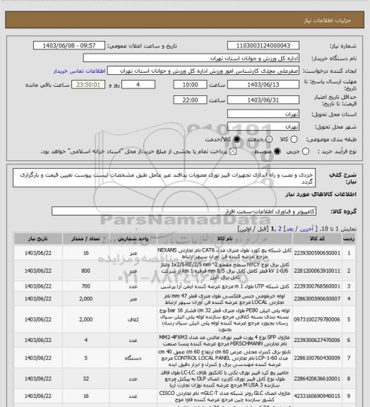 استعلام خردی و نصب و راه اندازی تجهیزات فیبر نوری مصوبات پدافند غیر عامل طبق مشخصات لیست پیوست تعیین قیمت و بارگزاری گردد