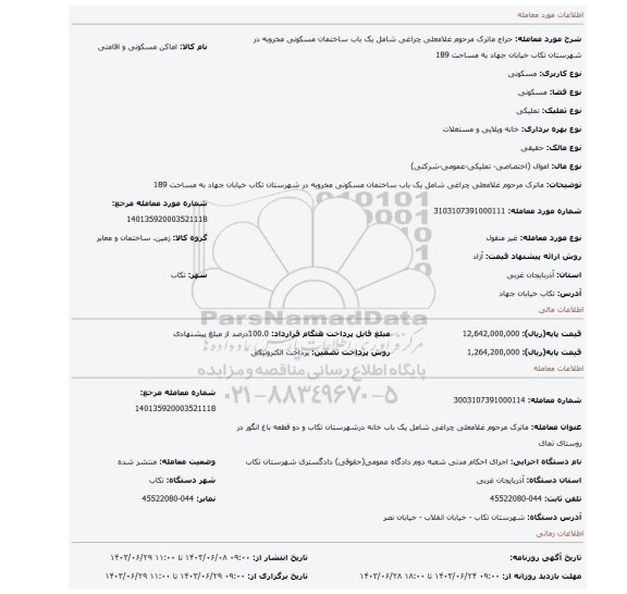 مزایده، ماترک مرحوم غلامعلی چراغی شامل یک باب ساختمان مسکونی مخروبه در شهرستان تکاب خیابان جهاد به مساحت 189