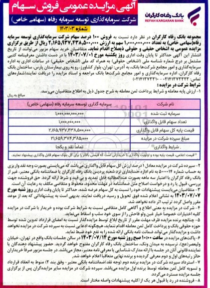 مزایده فروش 100 درصد سهام شرکت سرمایه گذاری توسعه سرمایه رفاه (سهامی خاص)